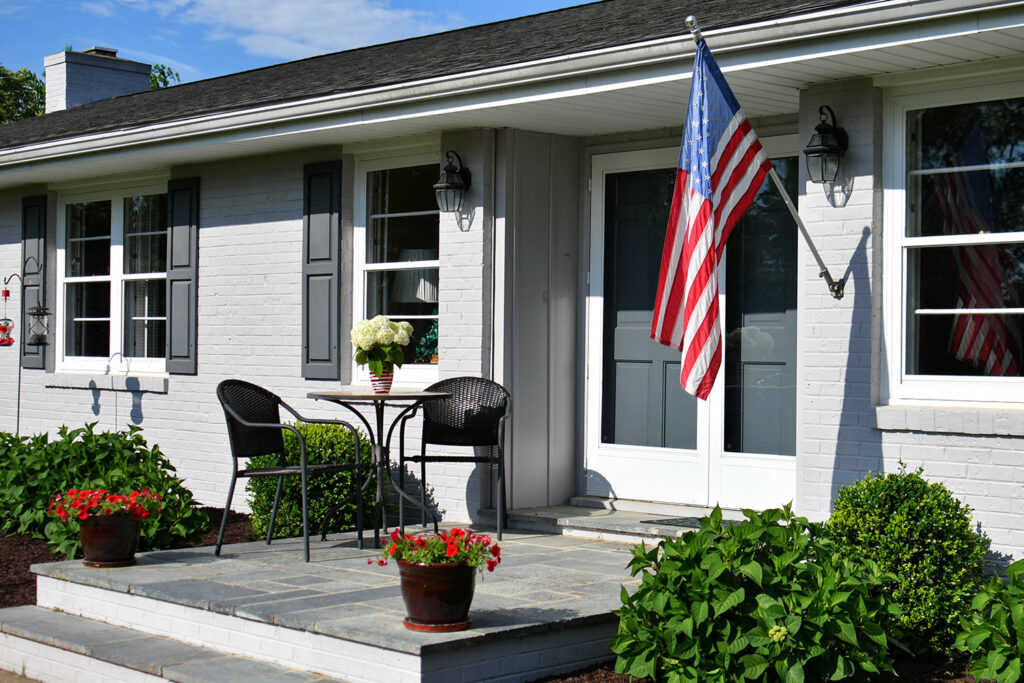home exterior with american flag. 